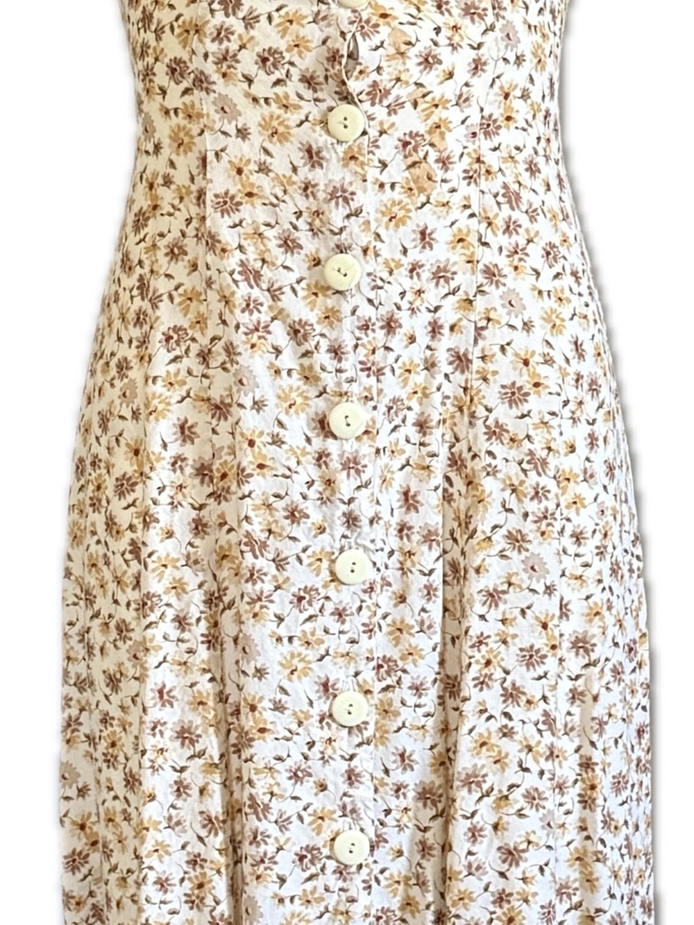 Button-Front Floral Midi Dress in Cream and Brown